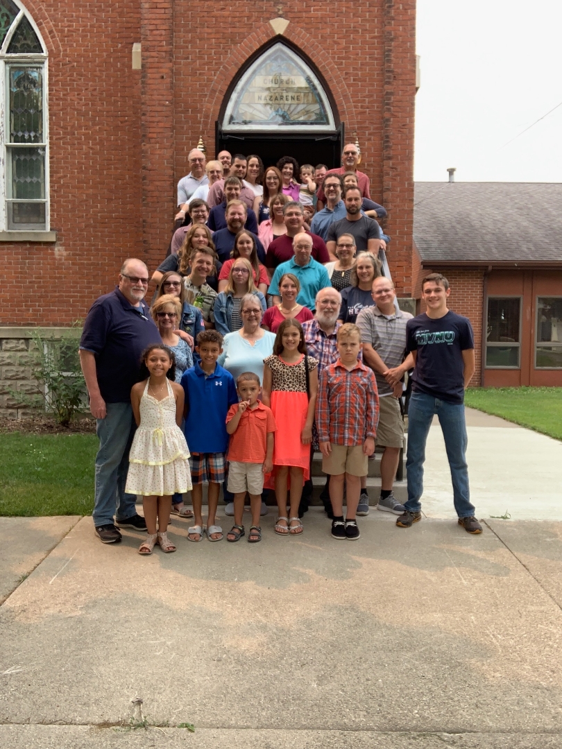 Wauseon Community Church congregation standing on front steps